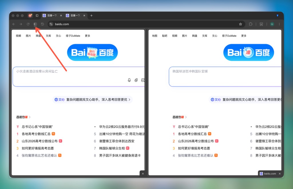 工具列分屏按鈕：左右兩欄並排瀏覽不同頁面